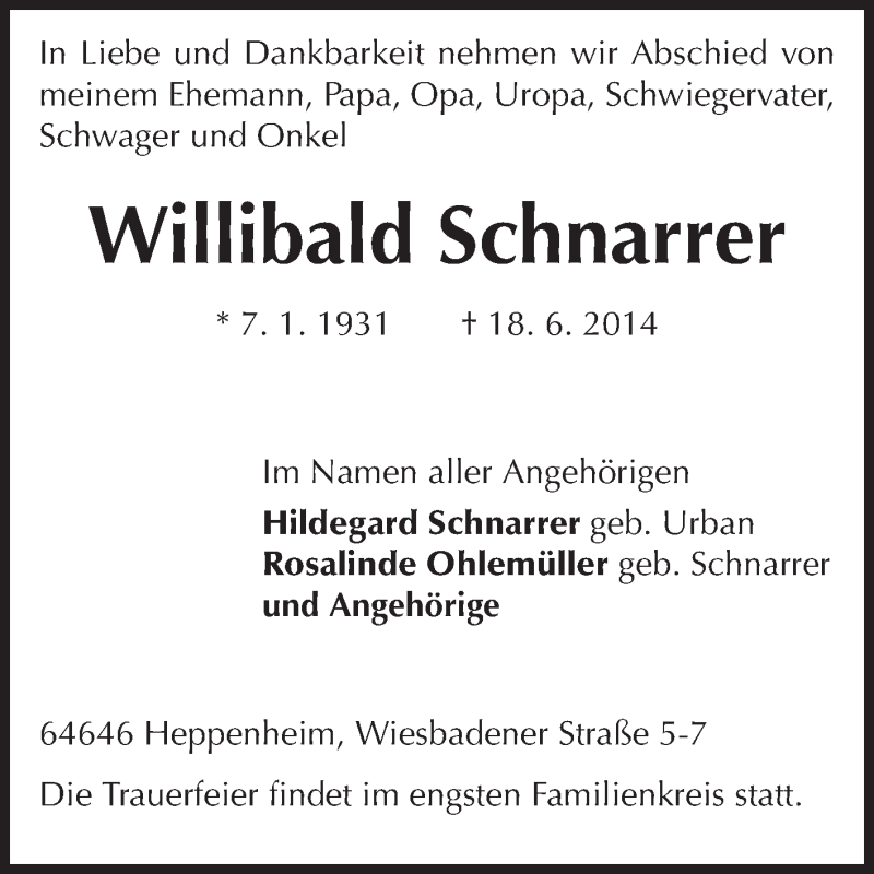  Traueranzeige für Willibald Schnarrer vom 26.06.2014 aus Starkenburger Echo