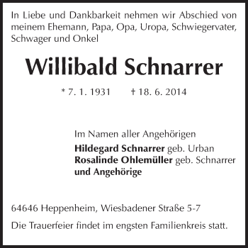 Traueranzeige von Willibald Schnarrer von Starkenburger Echo