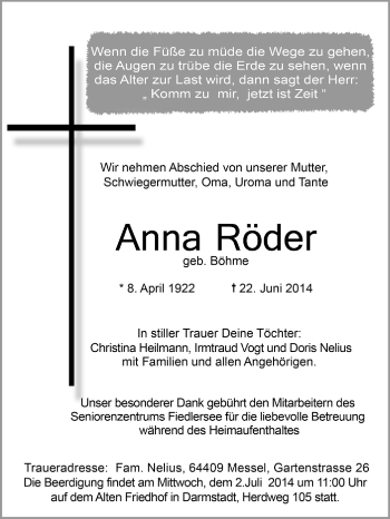 Traueranzeige von Anna Röder von Echo-Zeitungen (Gesamtausgabe)