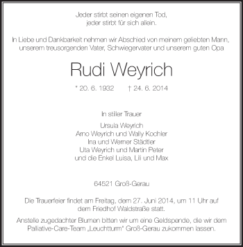 Traueranzeige von Rudi Weyrich von Rüsselsheimer Echo, Groß-Gerauer-Echo, Ried Echo
