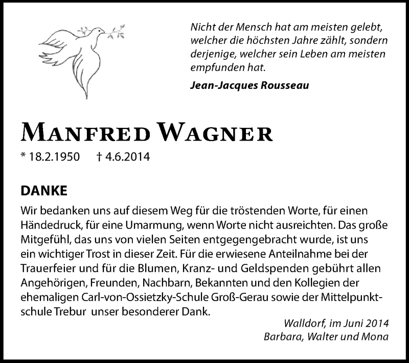  Traueranzeige für Manfred Wagner vom 28.06.2014 aus Rüsselsheimer Echo, Groß-Gerauer-Echo, Ried Echo