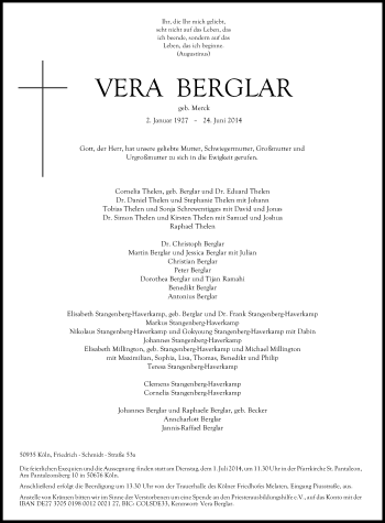Traueranzeige von Vera Berglar von Echo-Zeitungen (Gesamtausgabe)