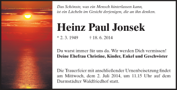 Traueranzeige von Heinz Paul Jonsek von Echo-Zeitungen (Gesamtausgabe)