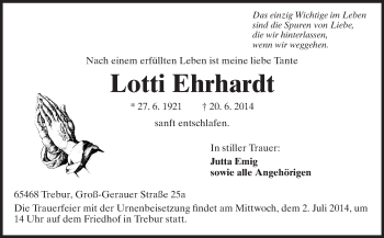 Traueranzeige von Lotti Ehrhardt von Rüsselsheimer Echo, Groß-Gerauer-Echo, Ried Echo