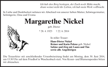 Traueranzeige von Margarethe Nickel von Echo-Zeitungen (Gesamtausgabe)