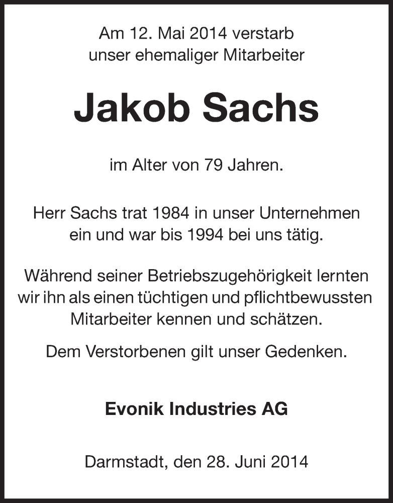  Traueranzeige für Jakob Sachs vom 28.06.2014 aus Echo-Zeitungen (Gesamtausgabe)