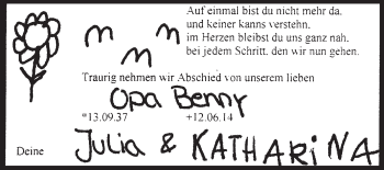 Traueranzeige von Opa Benny  von Echo-Zeitungen (Gesamtausgabe)