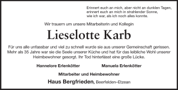 Traueranzeige von Lieselotte Karb von Odenwälder Echo