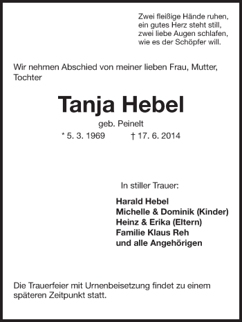 Traueranzeige von Tanja Hebel von Rüsselsheimer Echo, Groß-Gerauer-Echo, Ried Echo
