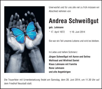 Traueranzeige von Andrea Schweißgut von Odenwälder Echo