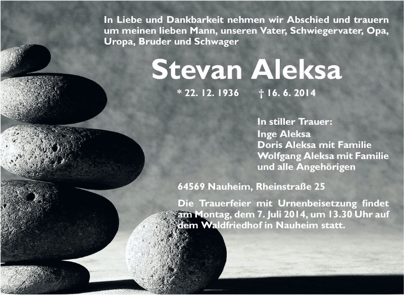  Traueranzeige für Stevan Aleksa vom 04.07.2014 aus Rüsselsheimer Echo, Groß-Gerauer-Echo, Ried Echo