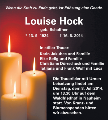 Traueranzeige von Louise Hock von Rüsselsheimer Echo, Groß-Gerauer-Echo, Ried Echo