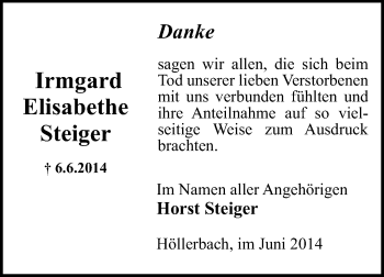 Traueranzeige von Irmgard Elisabethe Steiger von Echo-Zeitungen (Gesamtausgabe)