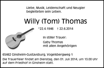 Traueranzeige von Willy Thomas von Rüsselsheimer Echo, Groß-Gerauer-Echo, Ried Echo
