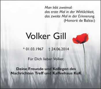 Traueranzeige von Volker Gill von Echo-Zeitungen (Gesamtausgabe)