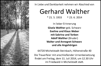Traueranzeige von Gerhard Walther von Odenwälder Echo