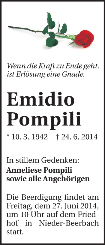 Traueranzeige von Emidio Pompili von Echo-Zeitungen (Gesamtausgabe)