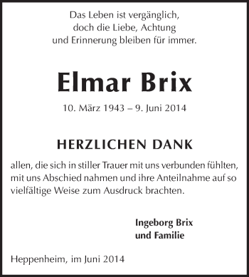 Traueranzeige von Elmar Brix von Echo-Zeitungen (Gesamtausgabe)