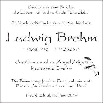 Traueranzeige von Luidwig Brehm von Echo-Zeitungen (Gesamtausgabe)