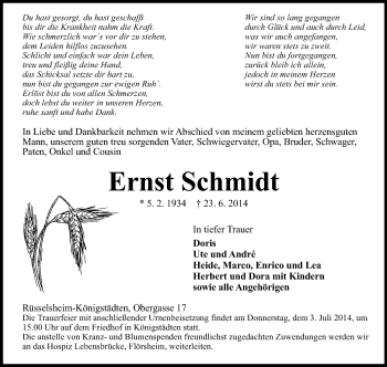 Traueranzeige von Ernst Schmidt von Rüsselsheimer Echo, Groß-Gerauer-Echo, Ried Echo