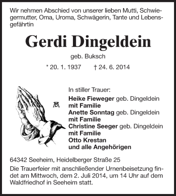 Traueranzeige von Gerdi Dingeldein von Echo-Zeitungen (Gesamtausgabe)