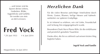 Traueranzeige von Fred Vock von Starkenburger Echo, Bergsträßer Anzeiger