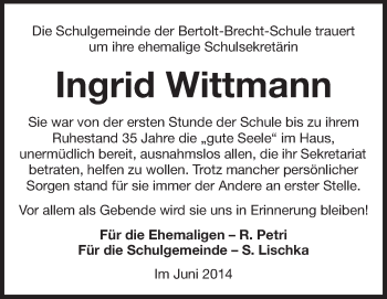 Traueranzeige von Ingrid Wittmann von Echo-Zeitungen (Gesamtausgabe)