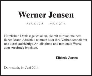 Traueranzeige von Werner Jensen von Echo-Zeitungen (Gesamtausgabe)