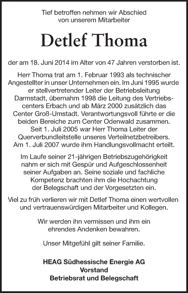  Traueranzeige für Detlef Thoma vom 28.06.2014 aus Echo-Zeitungen (Gesamtausgabe)
