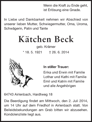 Traueranzeige von Kätchen Beck von Odenwälder Echo