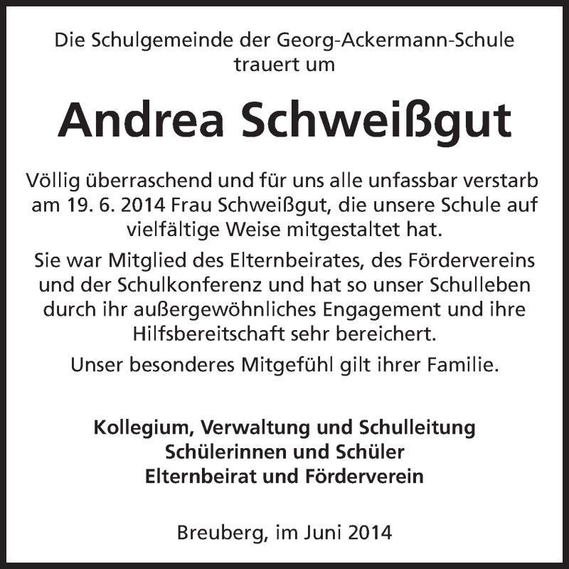  Traueranzeige für Andrea Schweißgut vom 27.06.2014 aus Odenwälder Echo