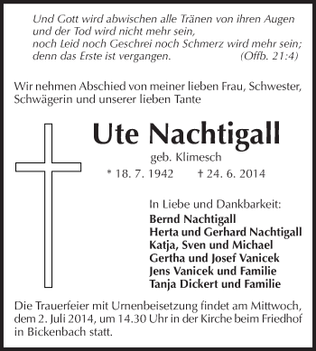 Traueranzeige von Ute Nachtigall von Echo-Zeitungen (Gesamtausgabe)