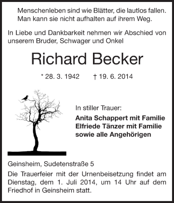 Traueranzeige von Richard Becker von Rüsselsheimer Echo, Groß-Gerauer-Echo, Ried Echo