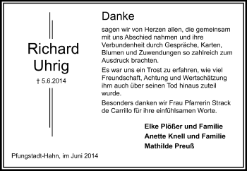 Traueranzeige von Richard Uhrig von Echo-Zeitungen (Gesamtausgabe)