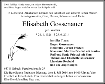 Traueranzeige von Elisabeth Gossenauer von Odenwälder Echo
