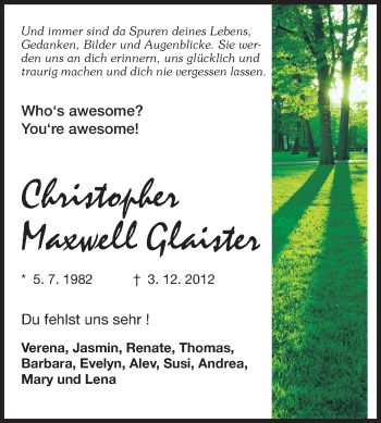Traueranzeige von Christopher Maxwell Glaister von Rüsselsheimer Echo, Groß-Gerauer-Echo, Ried Echo