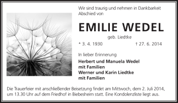 Traueranzeige von Emilie Wedel von Rüsselsheimer Echo, Groß-Gerauer-Echo, Ried Echo