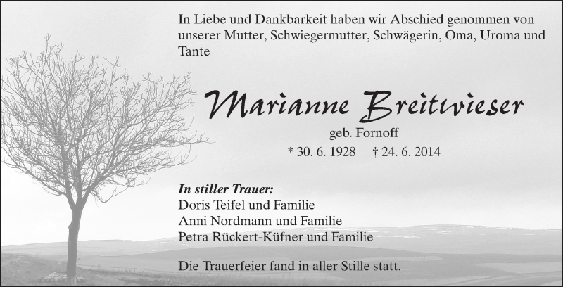  Traueranzeige für Marianne Breitwieder vom 05.07.2014 aus Echo-Zeitungen (Gesamtausgabe)