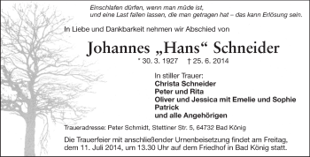 Traueranzeige von Johannes Schneider von Odenwälder Echo