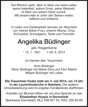 Traueranzeige von Angelika Büdinger von Echo-Zeitungen (Gesamtausgabe)