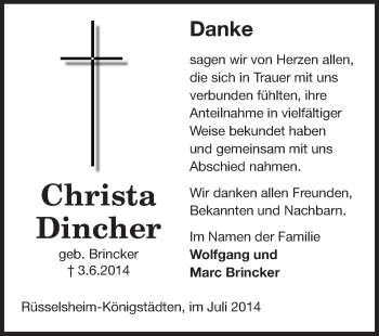 Traueranzeige von Christa Dincher von Rüsselsheimer Echo, Groß-Gerauer-Echo, Ried Echo