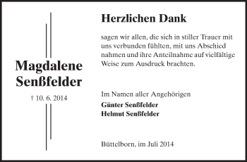 Traueranzeige von Magdalene Senßfelder von Rüsselsheimer Echo, Groß-Gerauer-Echo, Ried Echo