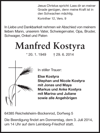 Traueranzeige von Manfred Kostyra von Odenwälder Echo