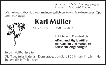 Traueranzeige von Karl Müller von Rüsselsheimer Echo, Groß-Gerauer-Echo, Ried Echo