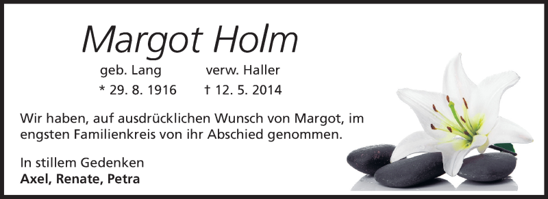  Traueranzeige für Margot Holm vom 05.07.2014 aus Echo-Zeitungen (Gesamtausgabe)