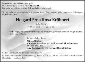 Traueranzeige von Helgard Erna Rosa Kröhnert von Echo-Zeitungen (Gesamtausgabe)