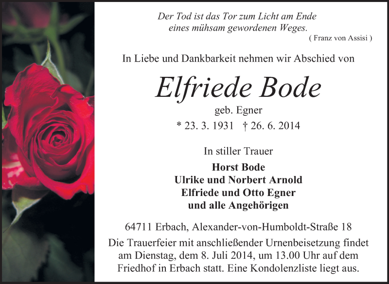  Traueranzeige für Elfriede Bode vom 03.07.2014 aus Odenwälder Echo
