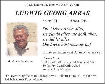 Traueranzeige von Ludwig Georg Arras von Echo-Zeitungen (Gesamtausgabe)
