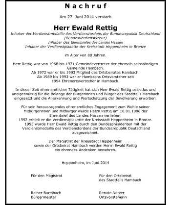 Traueranzeige von Ewald Rettig von Starkenburger Echo