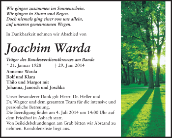 Traueranzeige von Joachim Warda von Echo-Zeitungen (Gesamtausgabe)